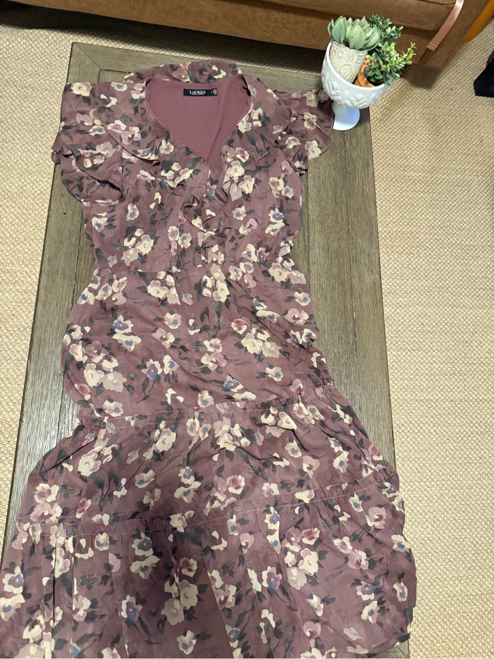 Lauren Ralph Lauren Mauve Floral Ruffle Midi Dress